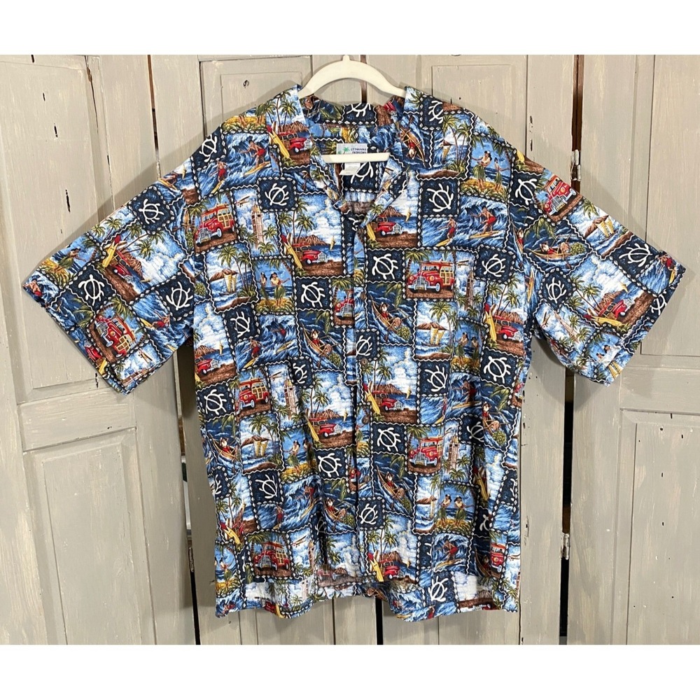 CT Hawaii Men's 3XL Hawaiian Shirt Blue Tropical Woody Wagon Retro Vibes Cotton